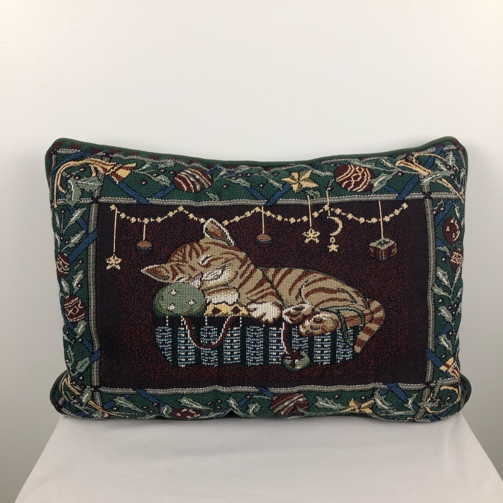 Vintage cottage core Christmas cat vest and pillow set Green and burgundy size L - Picture 3 of 11